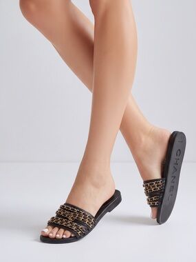CHANEL Black Slides with Gold Chain Straps